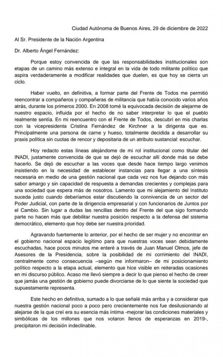 La carta de Victoria Donda en la que explica su renuncia