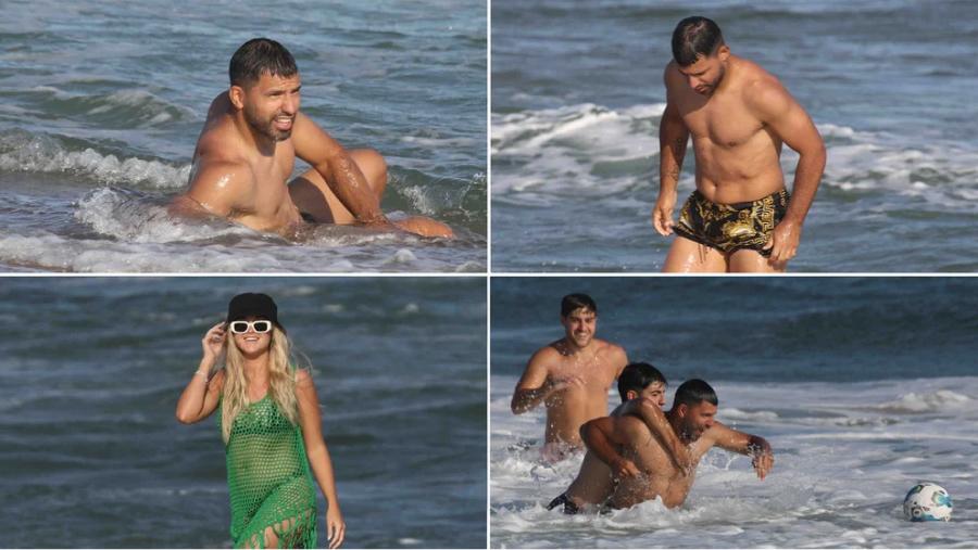 El Kun Aguero disfruta de Punta del Este junto a su novia y su hijo.