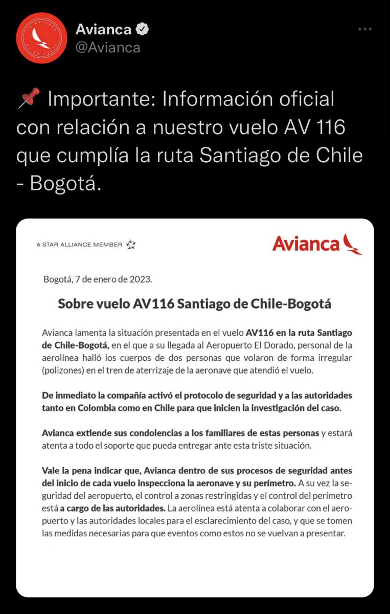 El comunicado de Avianca.