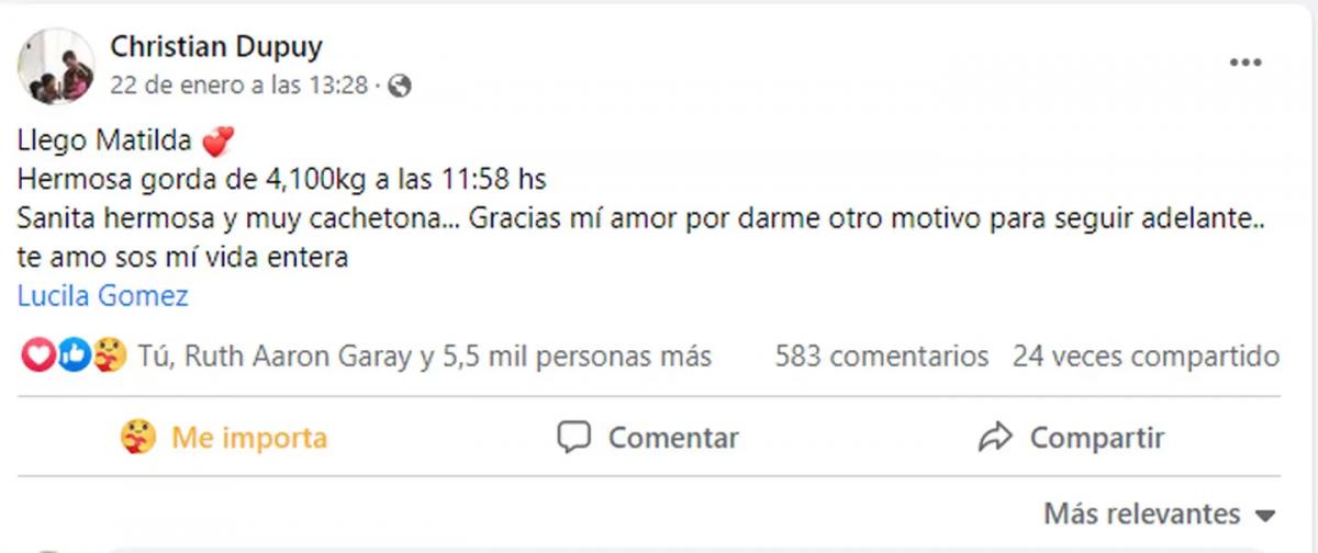 A días del fallo por el crimen de Lucio Dupuy, su padre tuvo una hija: “llegó Matilda, un motivo para seguir”