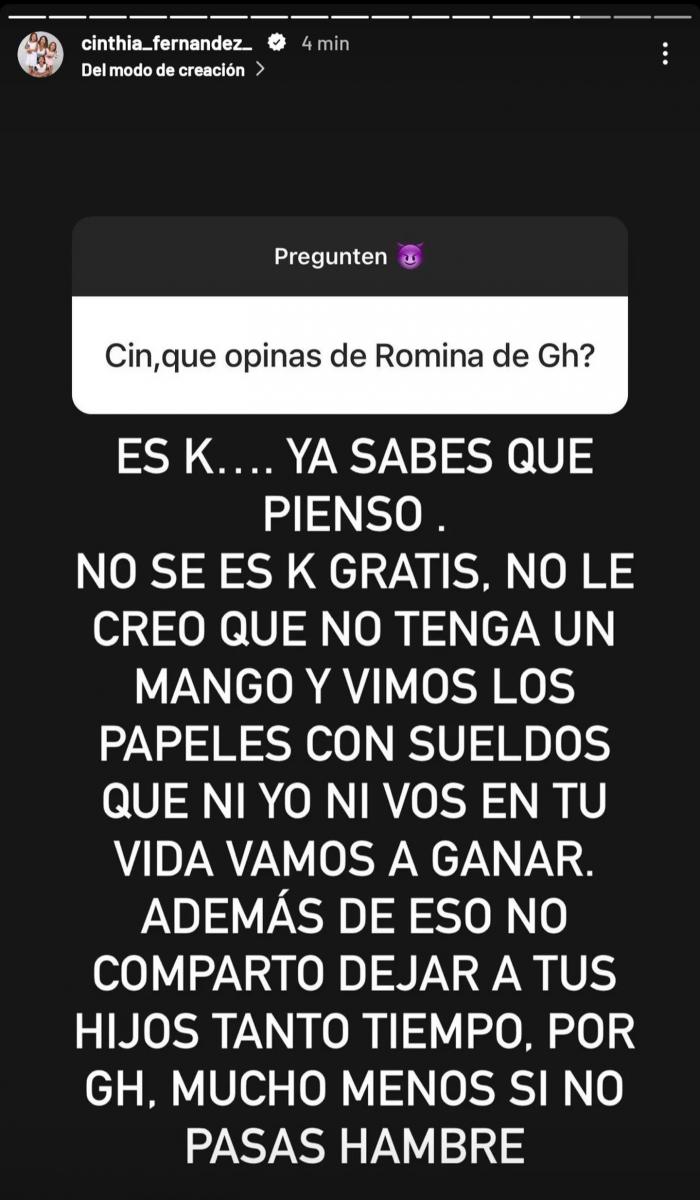 Cinthia Fernández criticó Romina de Gran Hermano por Kirchnerista: “no le creo que no tenga un mango”