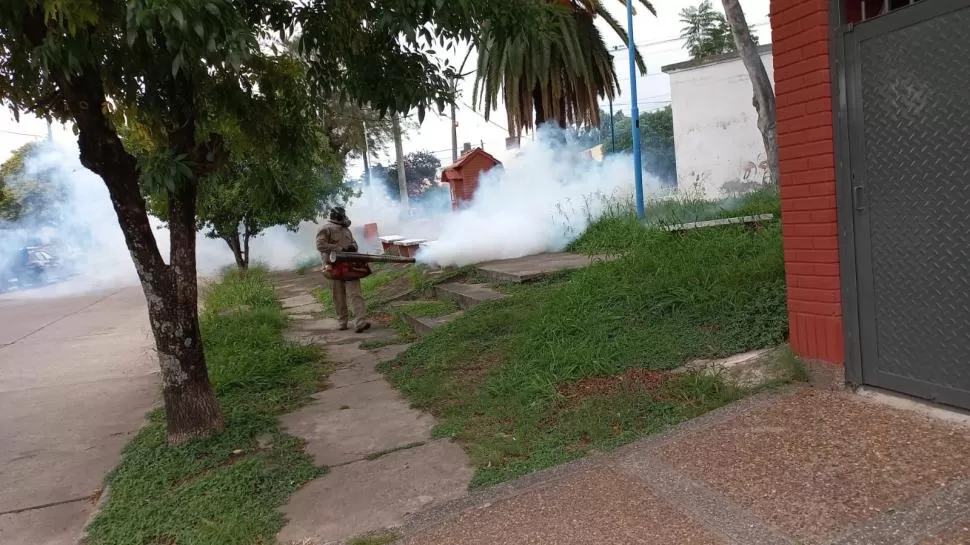 OPERATIVOS CONTRA EL MOSQUITO. En cada barrio o localidad donde se reporta un caso de dengue las autoridades disponen tareas de fumigación 