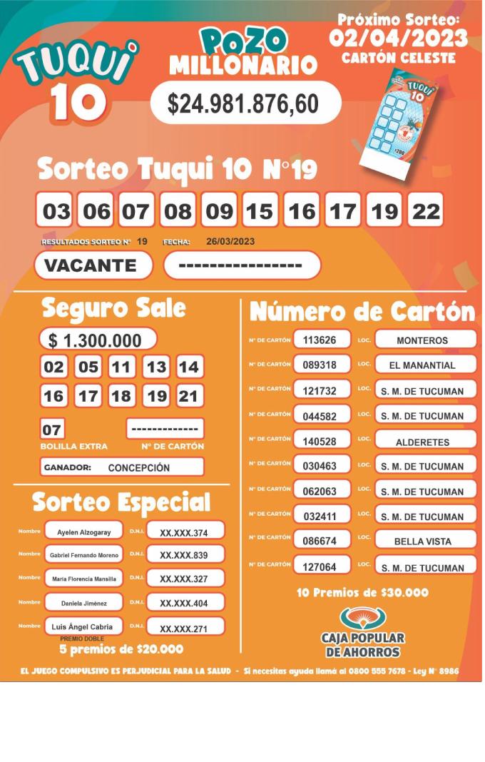 Tuqui 10: cómo salió el sorteo del 26 de marzo