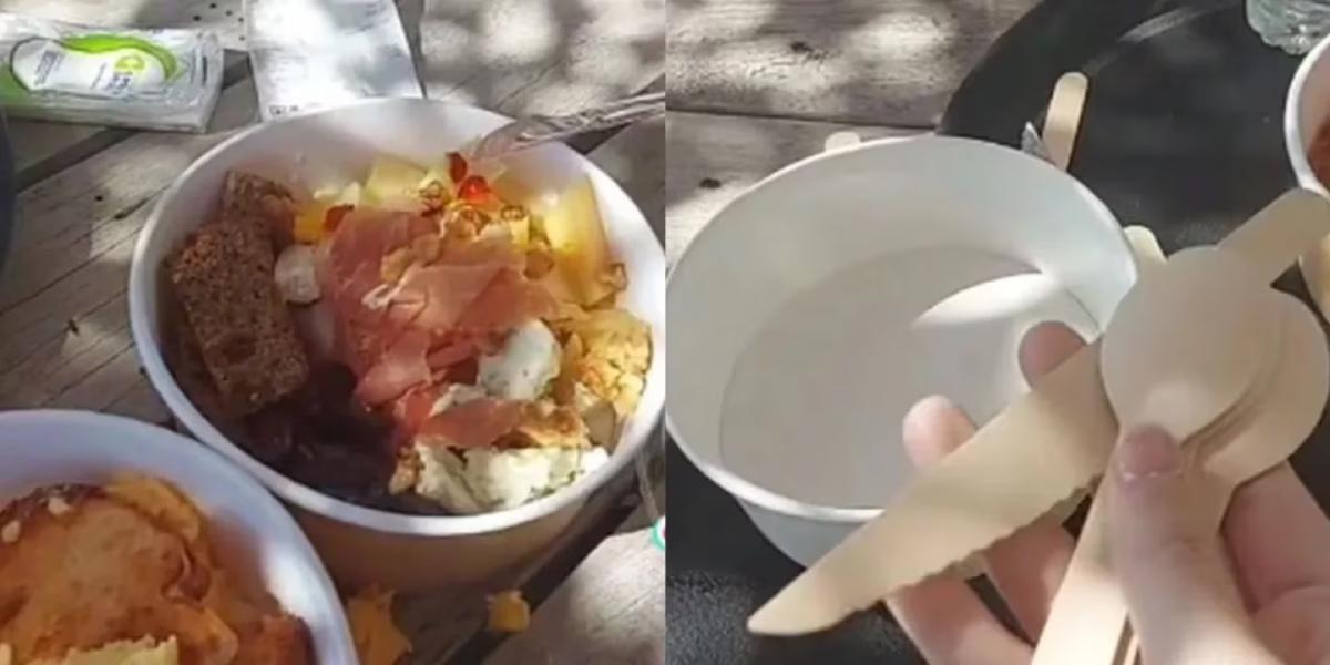 La mujer denunció que no les dieron platos ni cubiertos.