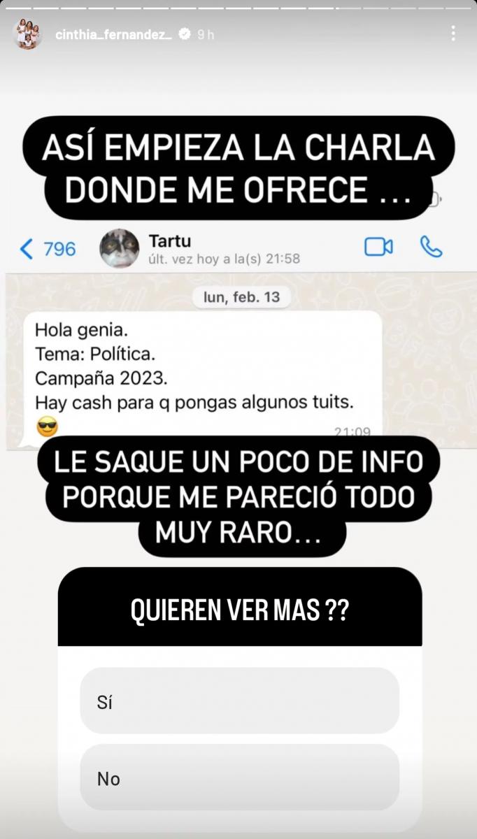 Cinthia Fernández expuso a un periodista que le ofreció dinero para “hablar de política”