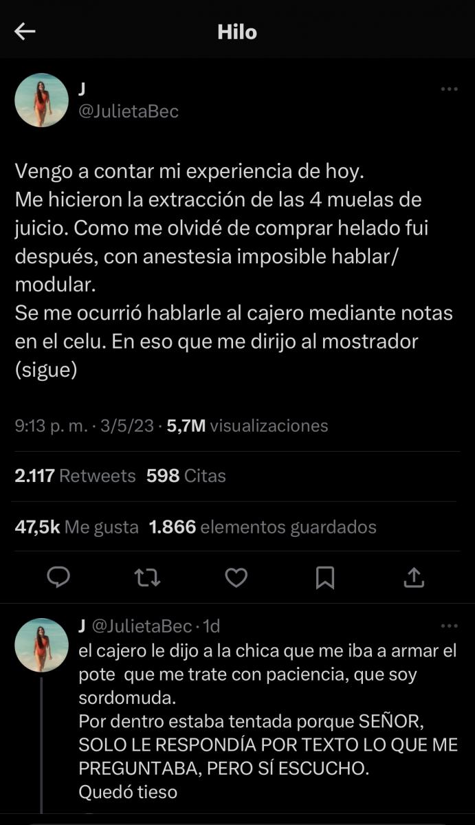 Los tuits de la chica anestesiada, contando su historia.