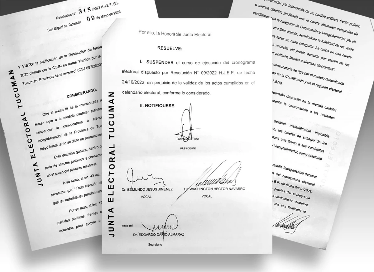 LA RESOLUCIÓN. La Junta Electoral Provincial (JEP) dispuso anoche que, debido a que se vota mediante acoples y a que la Constitución dice que debe votarse en un mismo día en Tucumán, correspondía suspender la votación en todas las categorías y no sólo en la de gobernador y vice, como había ordenado la Corte Suprema de Justicia de la Nación