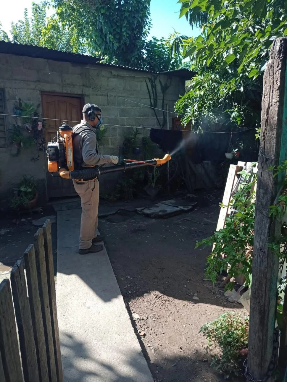 FUMIGACIÓN. En los fondos de las casas los agentes sanitarios realizan tareas para controlar el mosquito. 