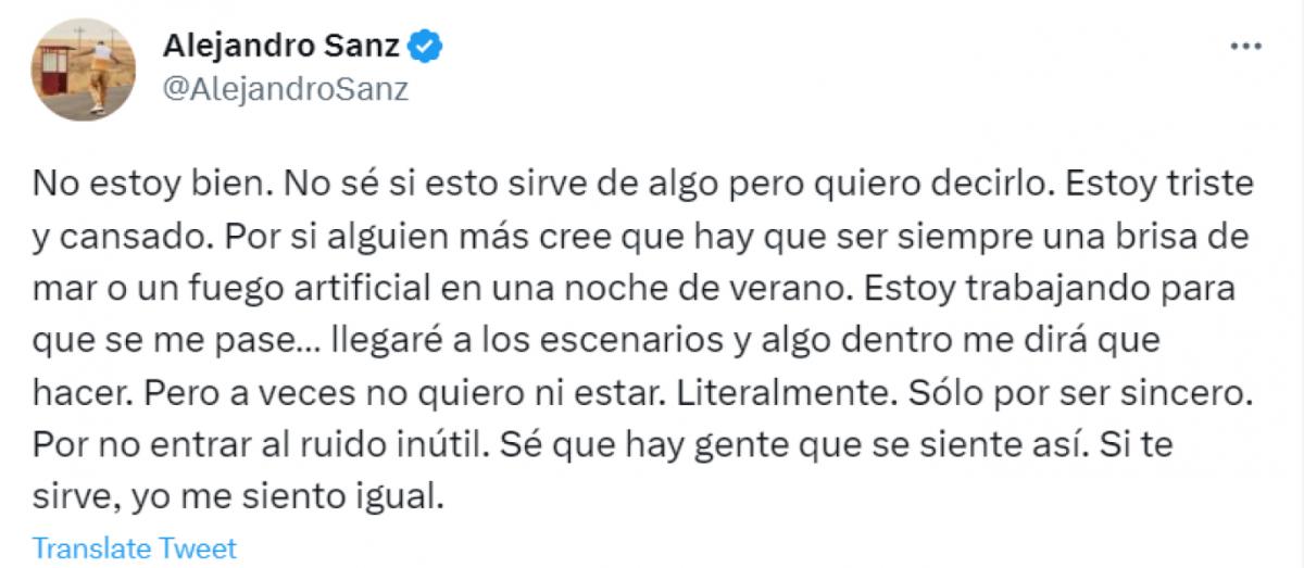 Preocupación por la salud de Alejandro Sanz: “No estoy bien; estoy triste y cansado”