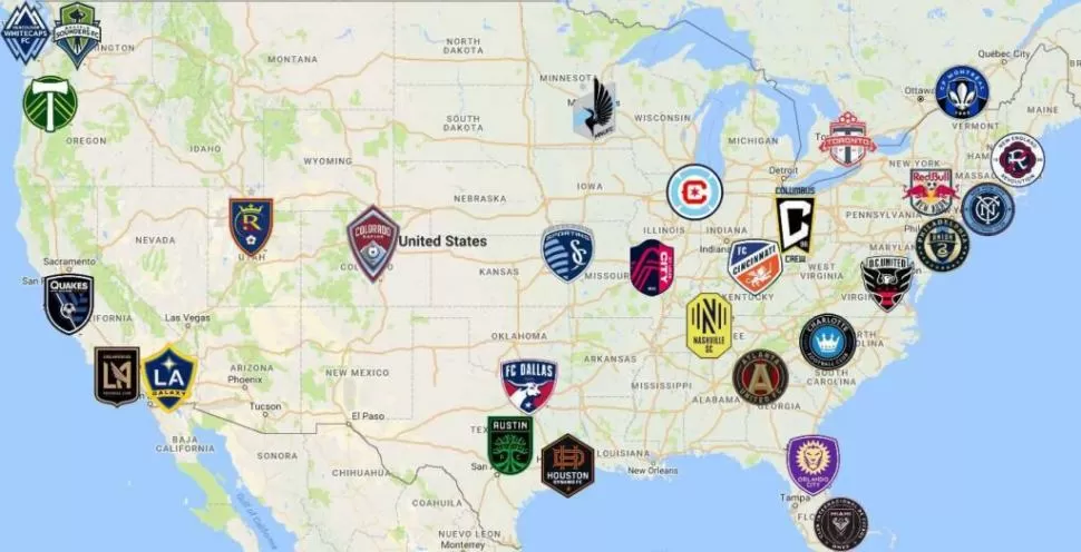 EL MAPA DEL FÚTBOL NORTEAMERICANO. Son 26 equipos estadounidenses y tres canadienses. Y una particularidad: es un campeonato sin descensos. Sport League Maps