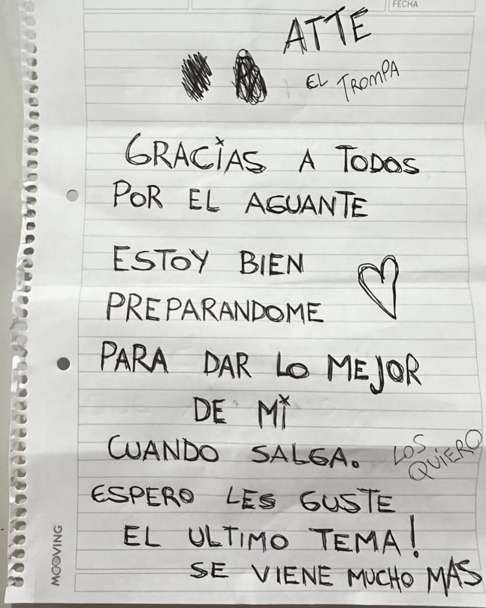 L-Gante emitió una nueva carta desde la cárcel para agradecer por el aguante