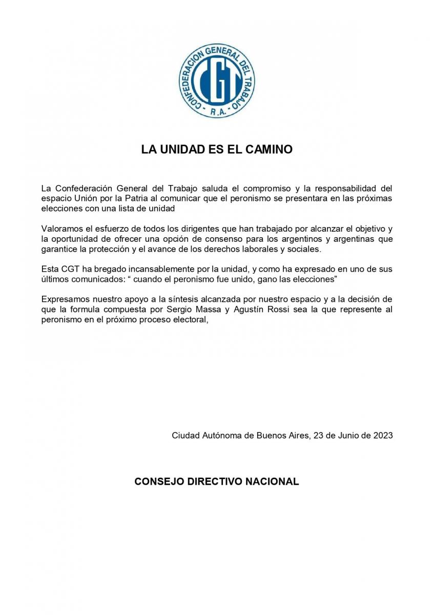 La CGT expresó su apoyo a la fórmula Massa-Rossi:  Cada vez que el peronismo fue unido, ganó las elecciones