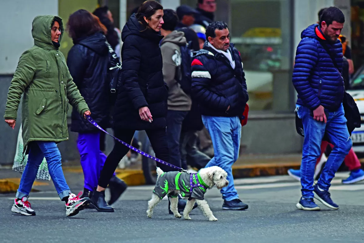 A CUBIERTO. El perrito fue llevado a su paseo cotidiano, pero hasta él iba bien protegido de las bajas temperaturas.