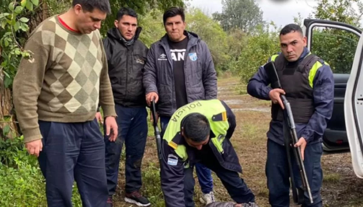 EN UN CAÑAVERAL. Uno de los evadidos de la comisaría de El Manantial momentos después de haber sido recapturado por los policías.  