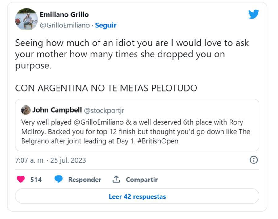 El cruce de Emiliano Grillo y un seguidor inglés por la Guerra de Malvinas.