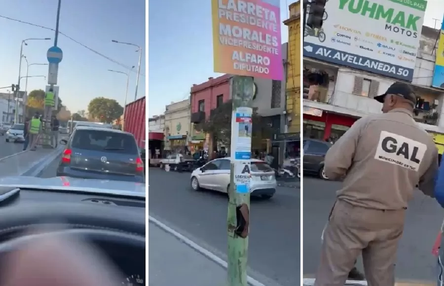 TRABAJADORES DE LA MUNICIPALIDAD, COLGANDO PANCARTAS. 