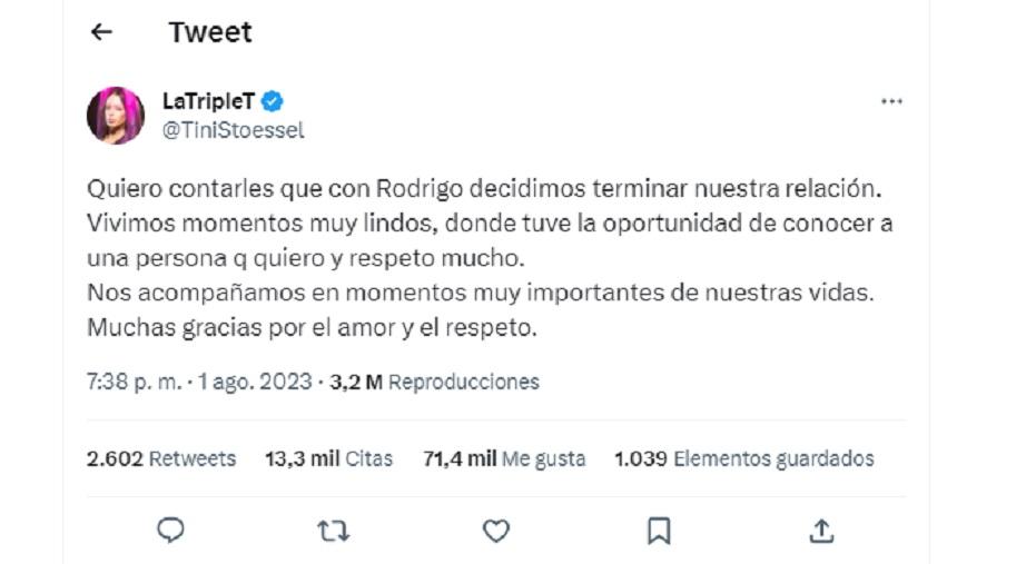 Tini Stoessel y Rodrigo De Paul anunciaron el fin de la relación