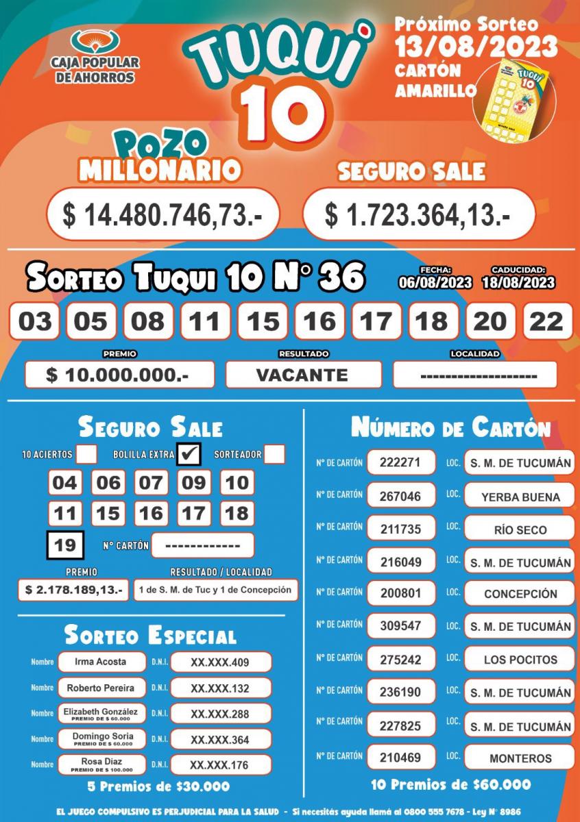 Tuqui 10: cómo salió el sorteo del domingo 6 de agosto