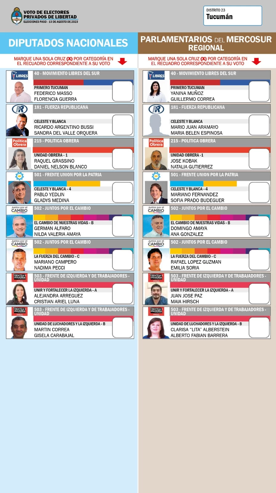 MODELO DE VOTO. Sobre esta papeleta, los reos deberán marcar a los candidatos a diputados nacionales. 