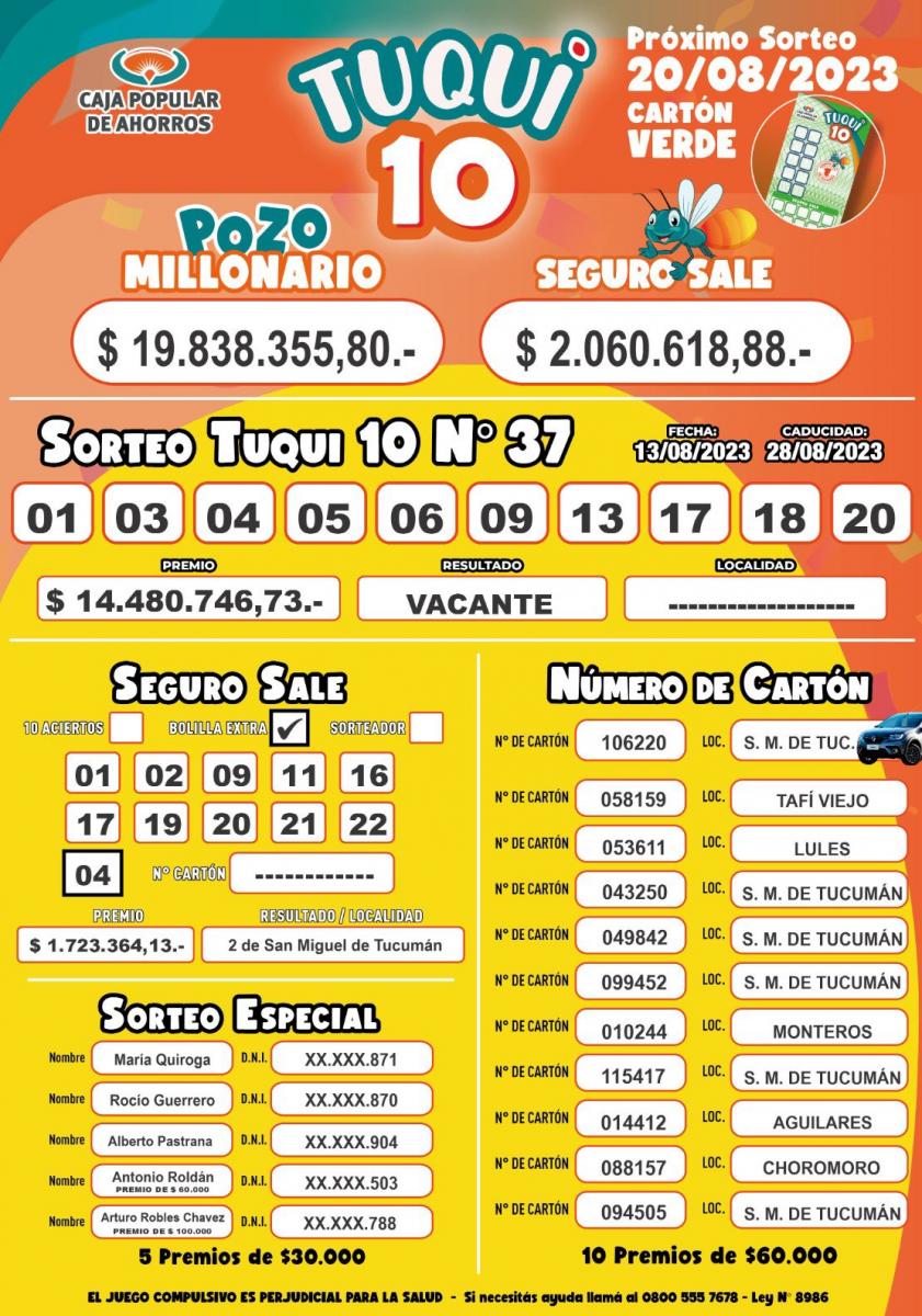 Tuqui 10: el pozo del sorteo del domingo 13 de agosto quedó vacante