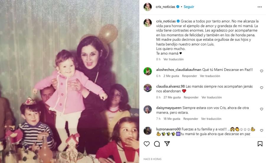 El posteo de Cristina Pérez tras la muerte de su madre.