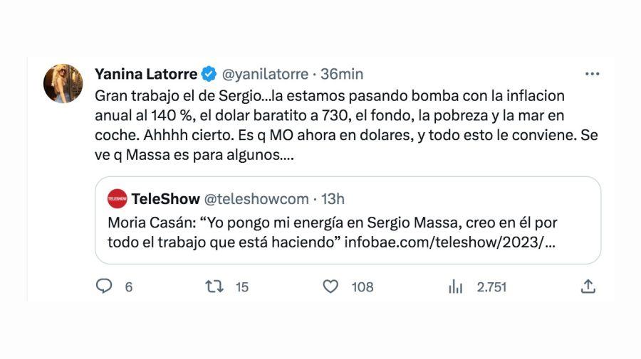 Yanina Latorre explotó contra Moria Casan por defender a Sergio Massa.