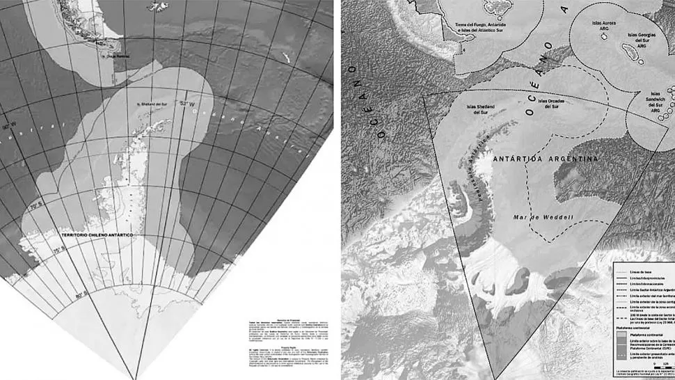 Espacio marítimo de jurisdicción chilena, según la armada de ese país (izquierda). Plataforma continental argentina  y espacios marítimos (derecha).