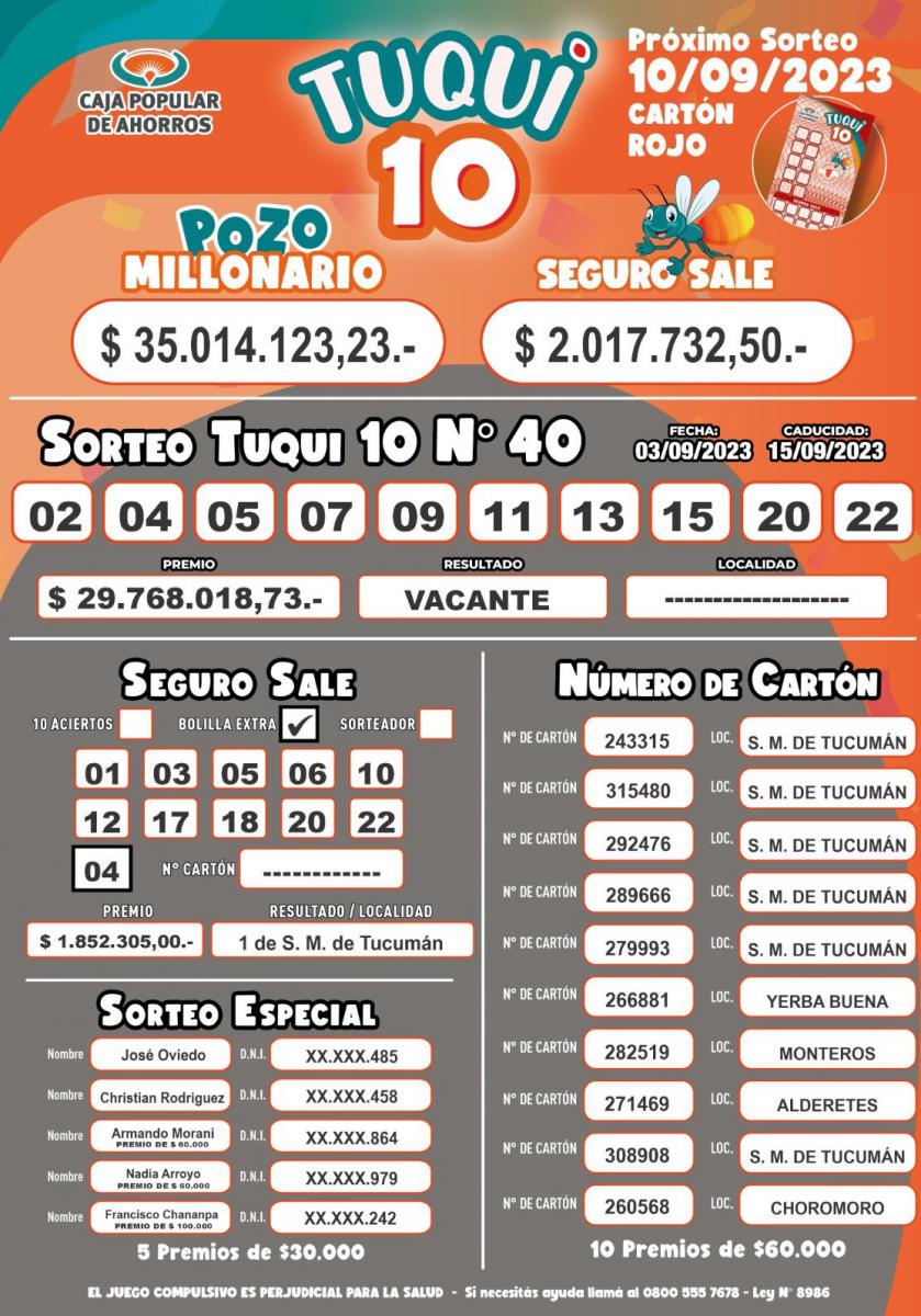 El próximo sorteo del Tuqui 10 será el domingo 10 de septiembre