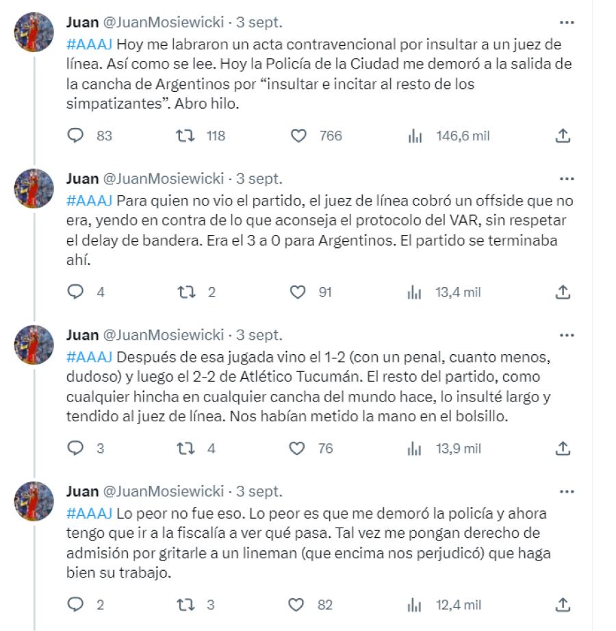 Un hincha de Argentinos aseguró que le labraron un acta por insultar al árbitro en el partido ante Atlético Tucumán