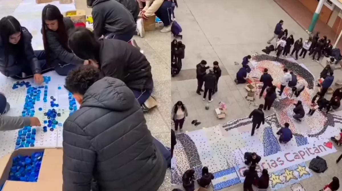 Lionel Messi y 90.000 tapitas: mirá el increíble mosaico que hicieron unos alumnos en el patio del colegio