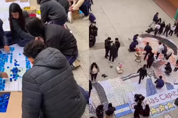 Lionel Messi y 90.000 tapitas: mirá el increíble mosaico que hicieron unos alumnos en el patio del colegio
