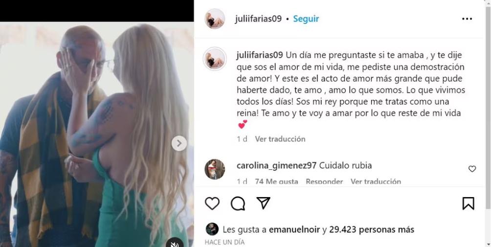 El posteo de Juli Farías, la novia de Emanuel Noir.