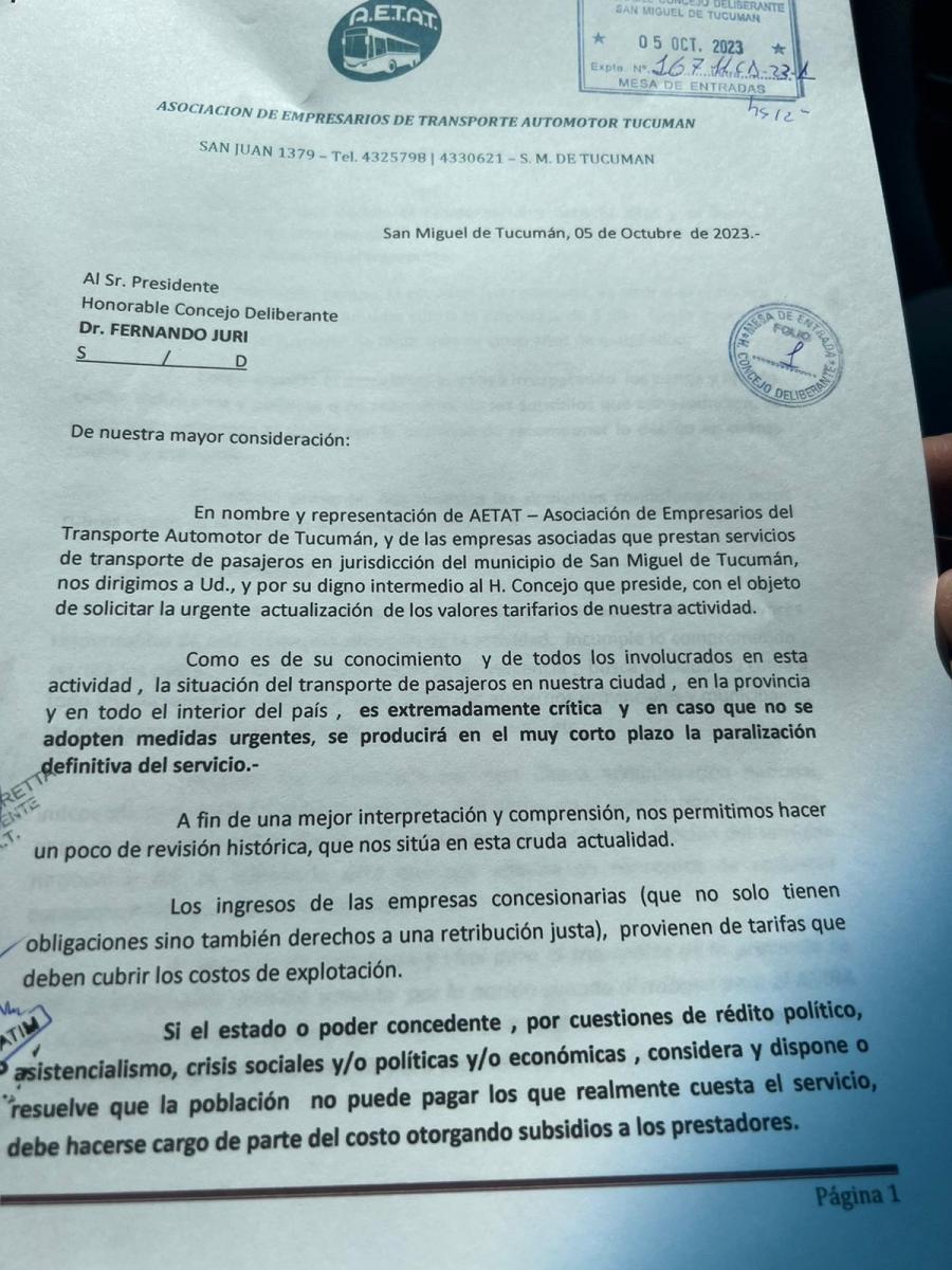 Aetat pide que en Tucumán el boleto de colectivo pase a costar $504