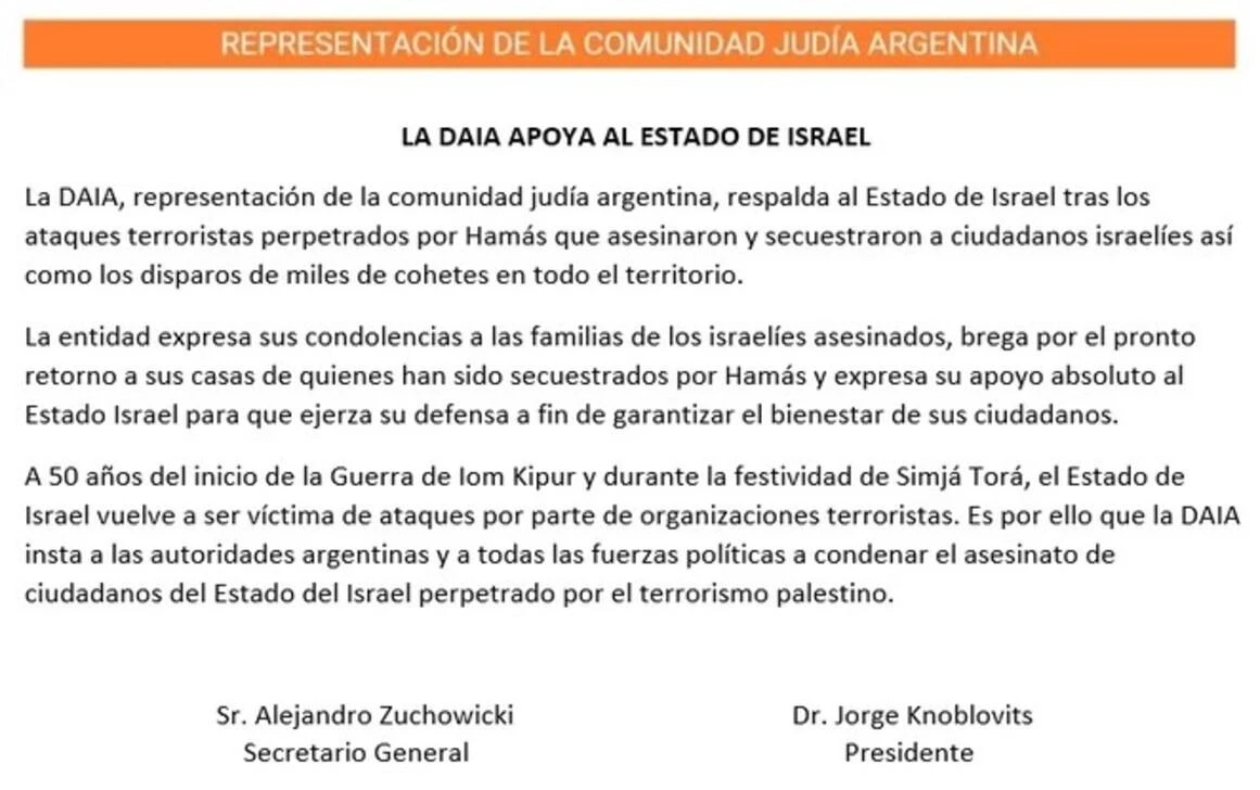 La DAIA respaldó a Israel tras los ataques terroristas