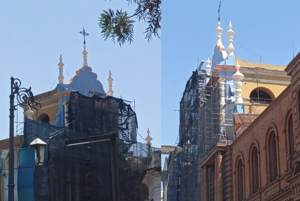 COLORES QUE SORPRENDEN. En la zona del campanario ya se destacan el celeste de los muros y el blanco de los pináculos.