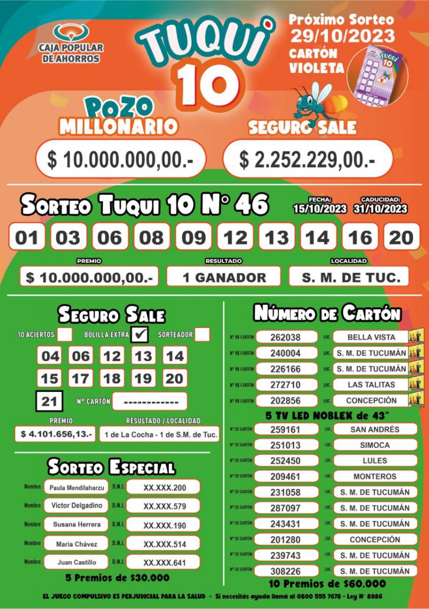 Tuqui 10: el sorteo del domingo tuvo un ganador 