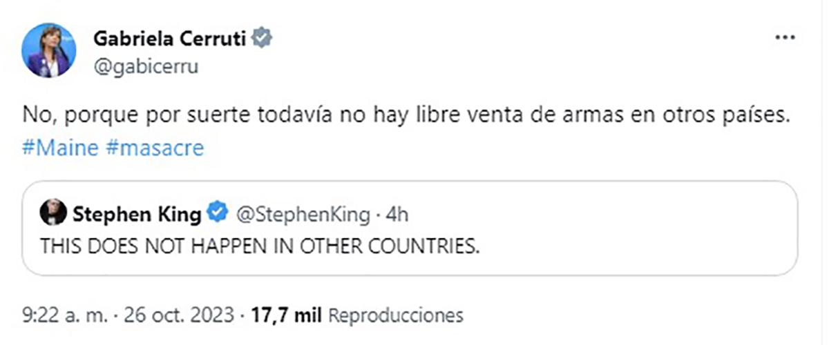 Gabriela Cerrutti contestó una publicación Stephen King sobre la masacre en EEUU