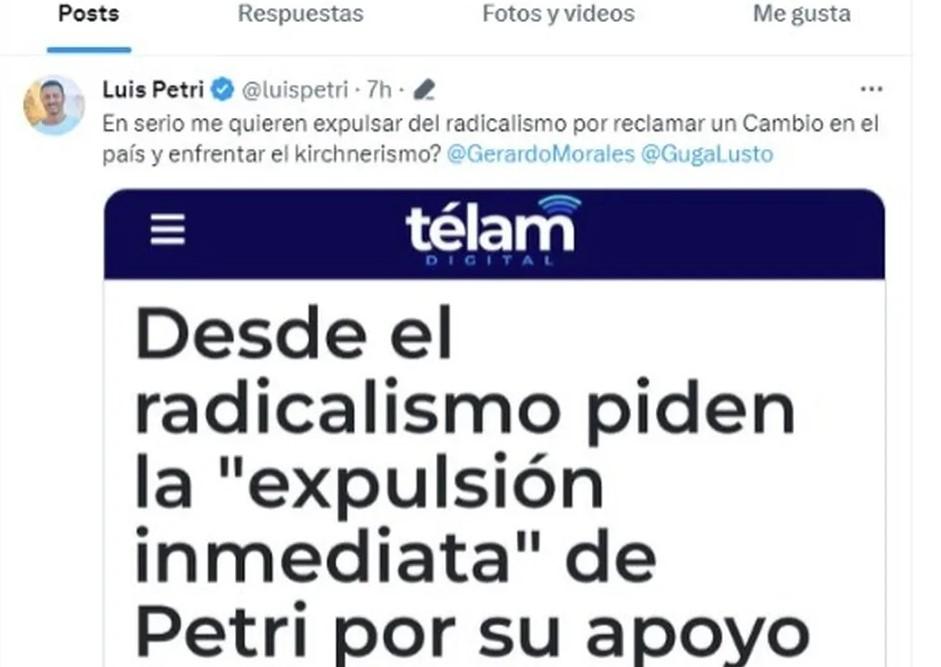 Luis Petri cruzó a los dirigentes radicales que piden su expulsión de la UCR