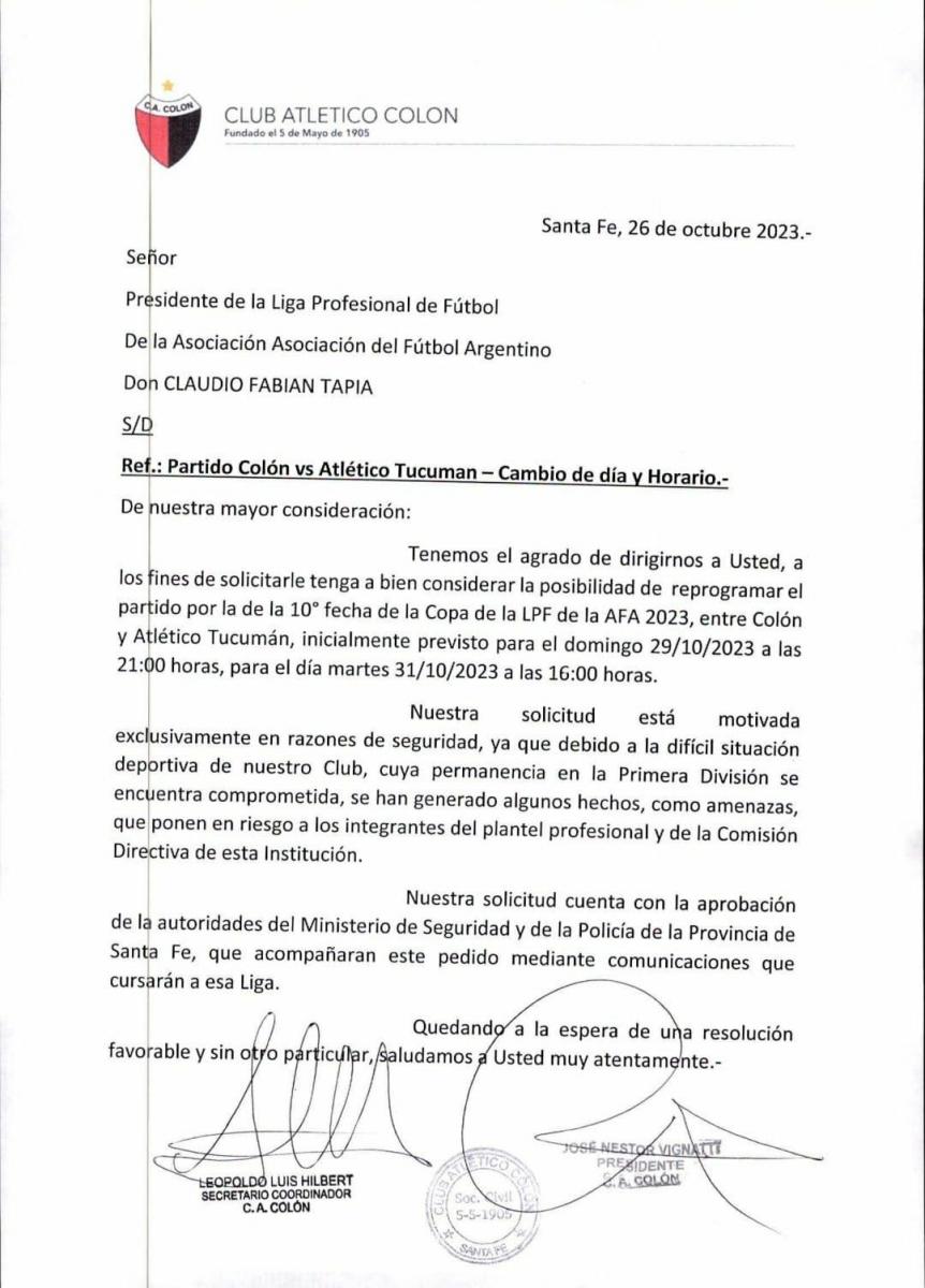 Por faltas de garantías, Colón solicitó postergar el duelo con Atlético Tucumán