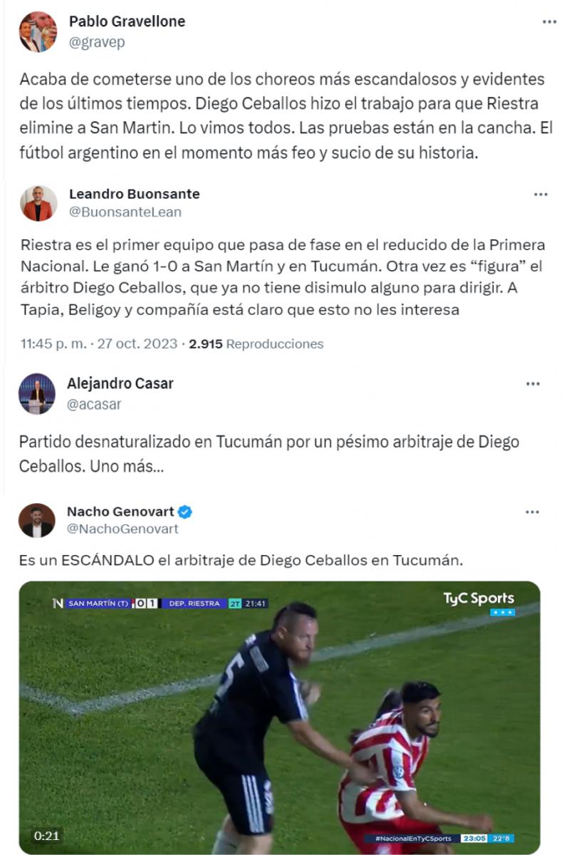 Las repercusiones nacionales del polémico arbitraje de Diego Ceballos frente a San Martín