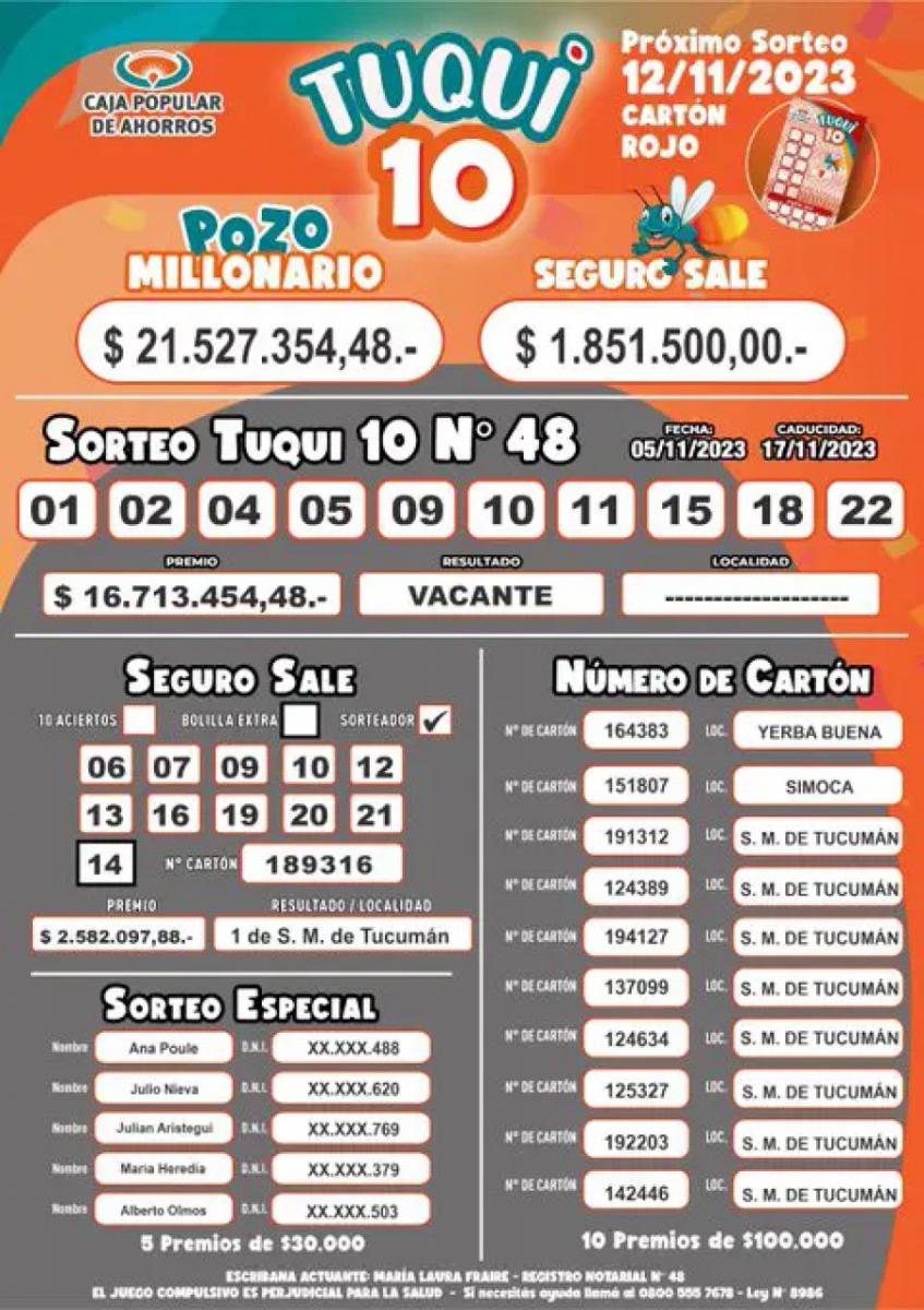 La Caja Popular de Ahorros realizó el sorteo N° 48 del Tuqui 10.