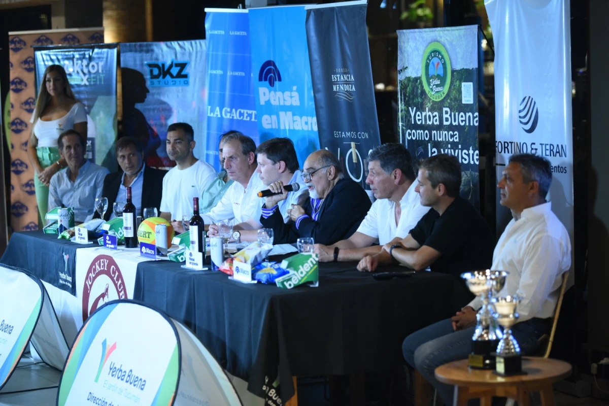 PRESENTACIÓN. Participaron Cayetano Fortino, Martín Terán (organizadores), el diputado Mariano Campero, el intendente de Yerba Buena Pablo Macchiarola, el presidente de la URT Santiago Taboada, Hernán Zanellato y Fernando Nougués (autoridades del Jockey Club).