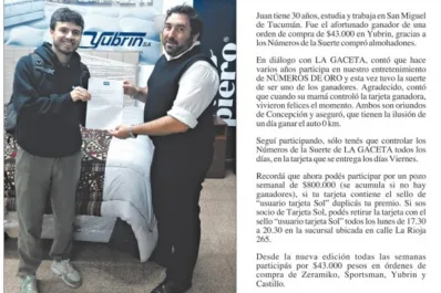 Números de la Suerte: Juan Adolfo Vaquera ganó una orden de compra de $43.000 en Yubrin