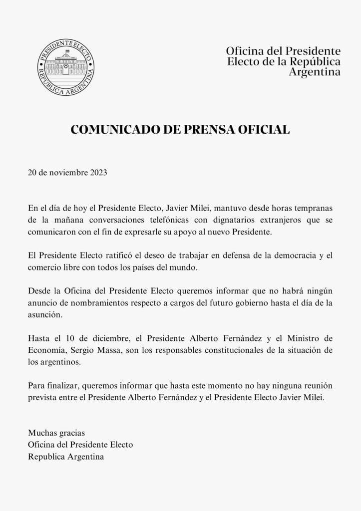 Milei se enojó con el Gobierno y dijo que no hará nuevos anuncios de su gabinete hasta el 10 de diciembre