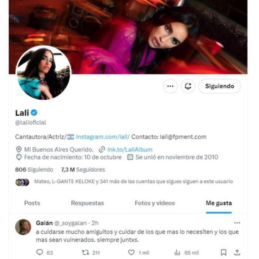 En la cuenta de X de Lali Espósito se puede ver que le dio 