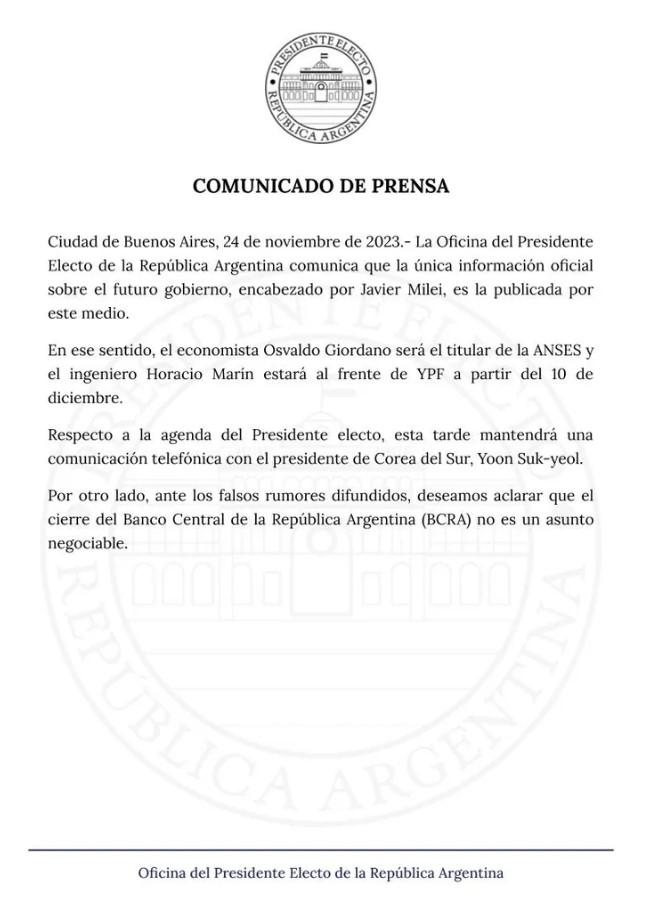 Javier Milei: El cierre del Banco Central no es un asunto negociable