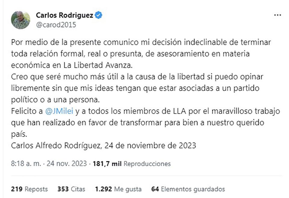 Otra renuncia en La Libertad Avanza: uno de los asesores clave de Milei anunció que se va