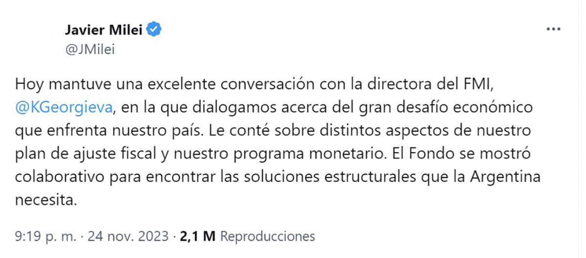 Javier Milei habló con Kristalina Georgieva y dijo que el FMI se mostró colaborativo