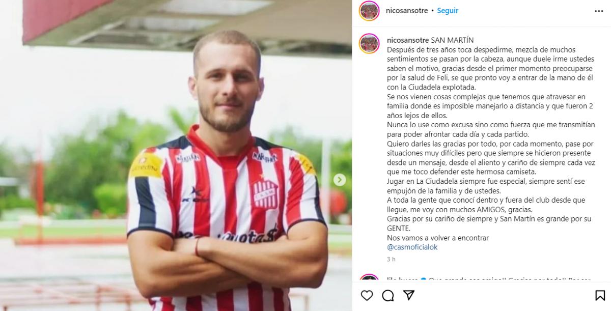 Nicolás Sansotre se despidió de los hinchas de San Martín: “Nos vamos a volver a encontrar”