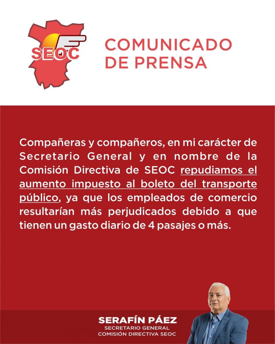 Suba del boleto: Los empleados del comercio serán los más perjudicados, afirman en SEOC